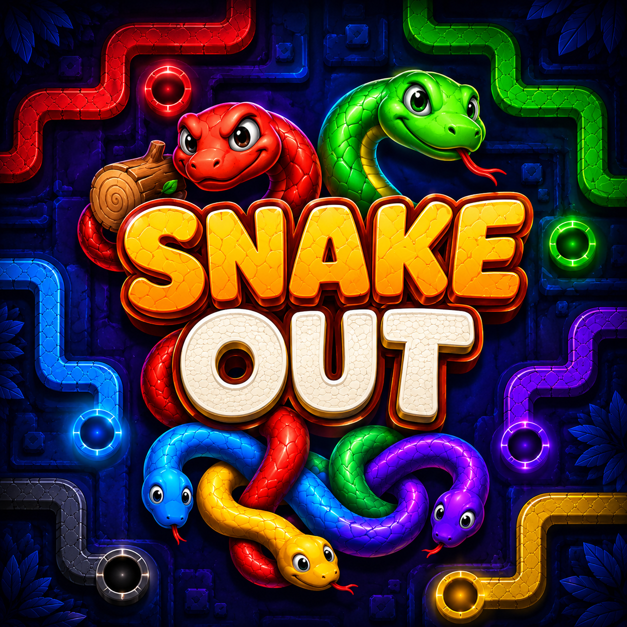 Snake Out: colorful puzzle escape with red, green, blue, yellow and purple snakes